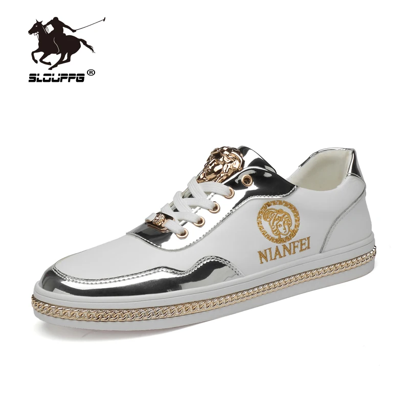

Brand Casual Sneakers Men Shoes Spring Genuine Leather Golden Silver Lace-up Men's Classic Sport Male Platform Shoes For Men