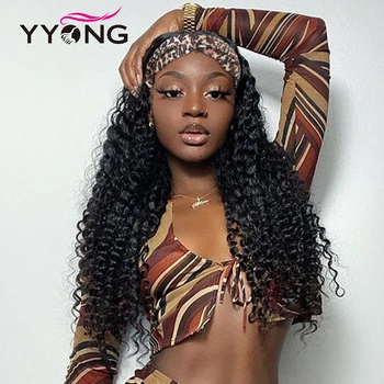 

YYong Hair Short Human Hair Headband Wig Scarf Wig Glueless Brazilian Deep Wave Human Hair Wig For Women 8-18 INCH Natural Color