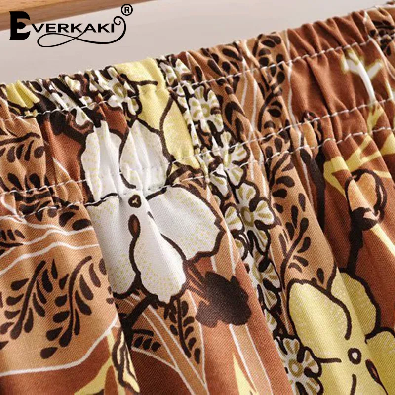 Everkaki женские штаны в стиле бохо с цветочным принтом и эластичным поясом, повседневные женские винтажные свободные длинные штаны для женщин, Новинка осени