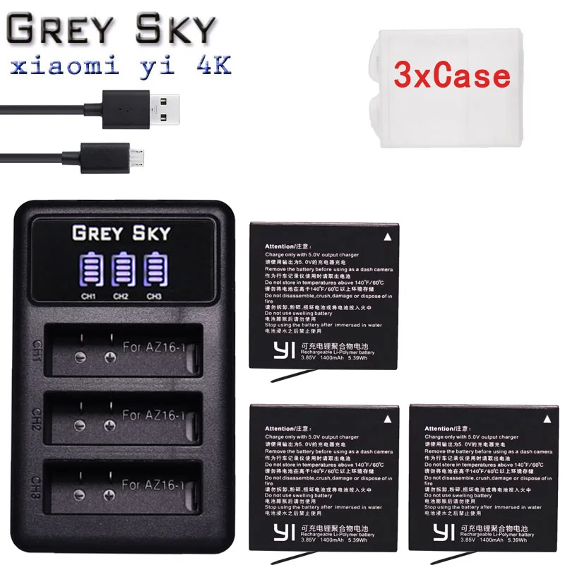4x AZ16-1 аккумулятор 1400 мАч AZ16+ светодиодный USB 3 слота зарядное устройство для Xiao mi Yi 2 4K аккумулятор для оригинальной экшн-камеры Xiao mi Yi Lite - Цвет: charger and 3battery