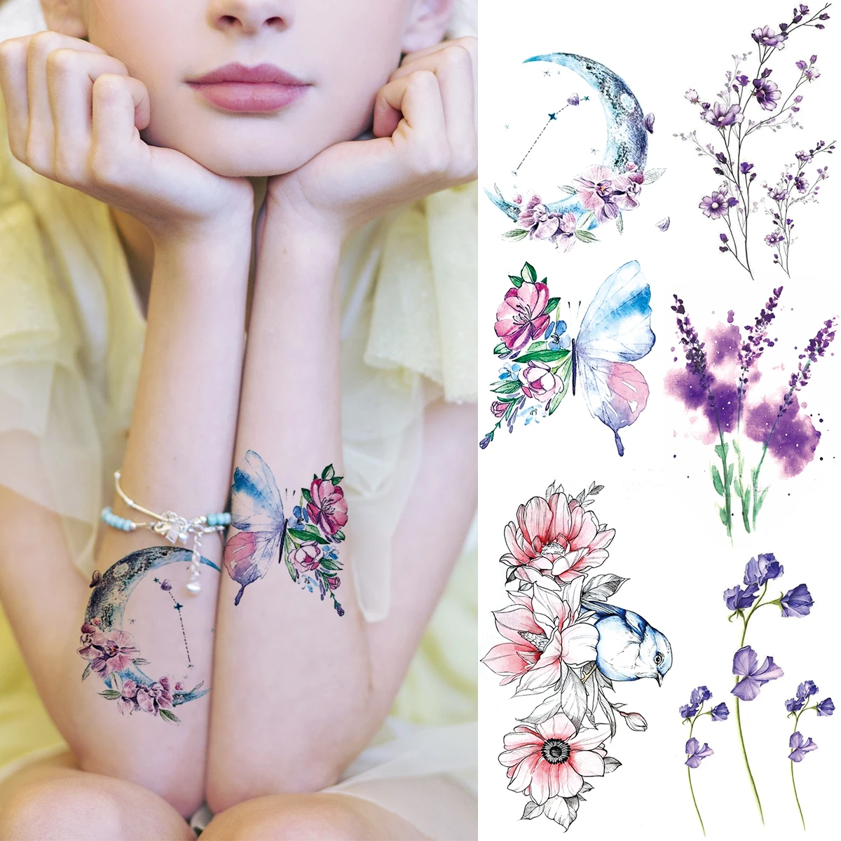 

Realistic Moon Butterfly Flower Peony Bird Temporary Tattoos For Kids Women Lavender Fake Tattoo Body Art Decoration Tatoo Paper