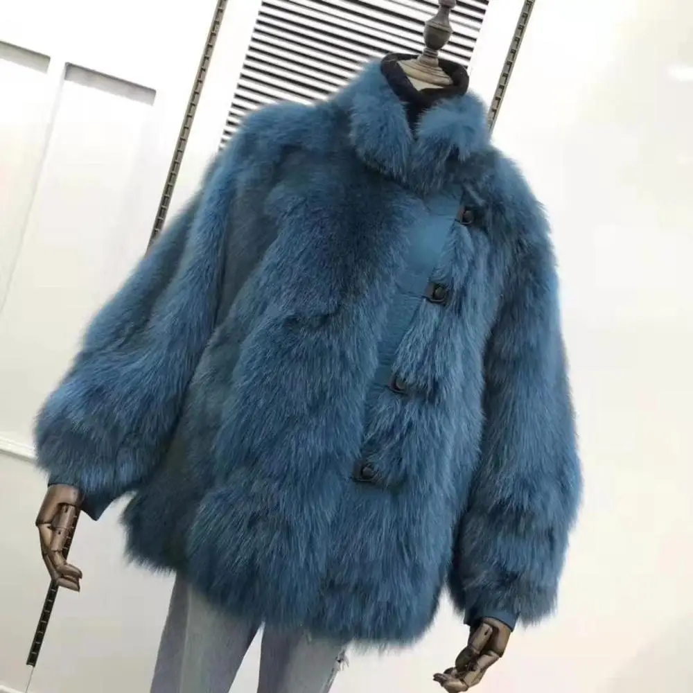 blue Натуральный Лисий мех пальто женская одежда зима Новое поступление куртка из натуральной кожи на пуговицах короткий стиль воротник стойка - Цвет: blue