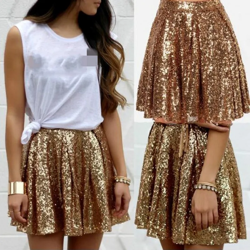 

2019 Gold Sparkle Mini Sequins Skirts For Fashion Women Skirt Summer Style Zipper Custom Made Female Skirt