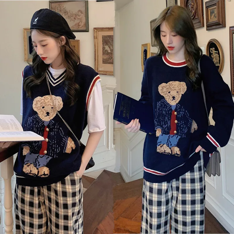 

2020 Teddy Bear Pattern Women Sweater Spring Autumn Wool Vest Sleeveless V-Neck Knitted Vests Poullover Female Jumper Pull Femme