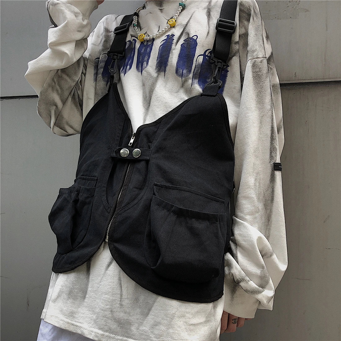 Новая нагрудная сумка мужская функциональная жилетка корейский Harajuku уличный стиль Большая вместительная сумка через плечо для женщин Черная Хлопковая сумка-мессенджер - Цвет: black