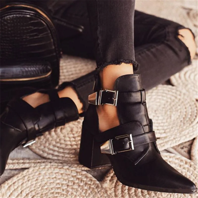 

double Buckle Strap Fashion Boots Hollow out Women New pointed Toe motorcycle boot Casual Pointed Toe High Thick Heel Boots