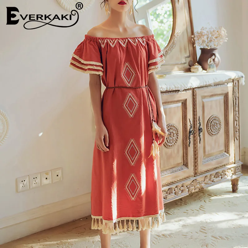 Everkaki длинное платье с открытыми плечами, бохо вышивка, оборки, кисточки, свободные Этнические женские винтажные макси платья для женщин,, лето, Новинка