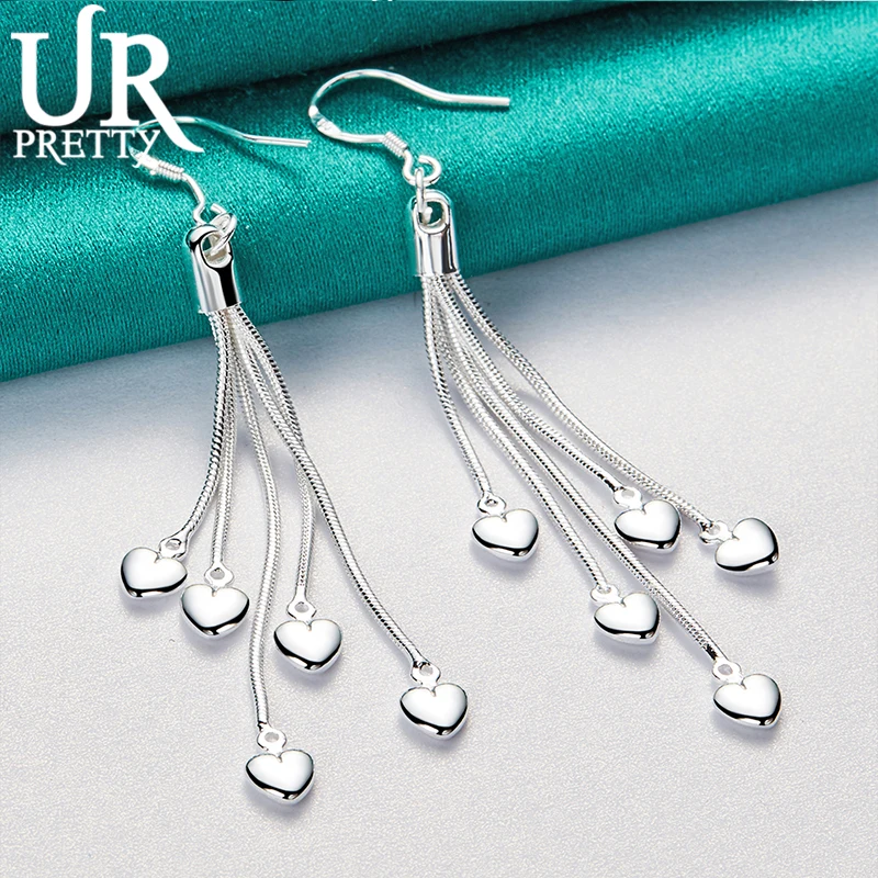 URPRETTY 925 Sterling Silver Five Love Snake Chain Drop Earring For Women Wedding Engagement Party Jewelry Christmas Gift