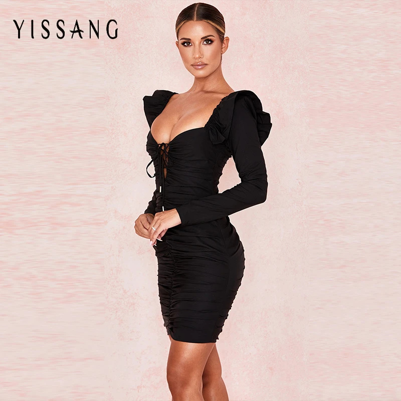 Yissang, Осеннее, сексуальное, зимнее, облегающее платье, женское, мини, вечерние, для ночного клуба, Драпированное, облегающее, мини, женское, тонкое, черное