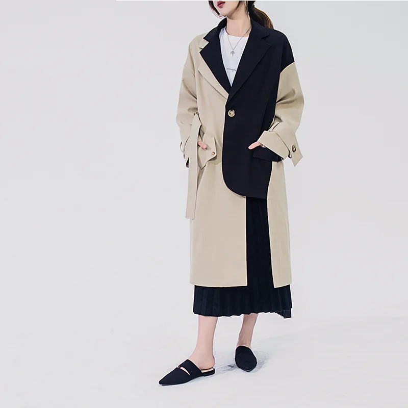 

Women Trench Coat Spliced Contrast Color Windbreakers Female Overcoat Lace Up Loose Long Pleated Coat 2019 Autumn Winter