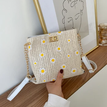 

Fashion Straw Woven Women Shoulder Bag Daisy Flower Messenger Crossbody Pouch Female Beach Travel Holiday Totes