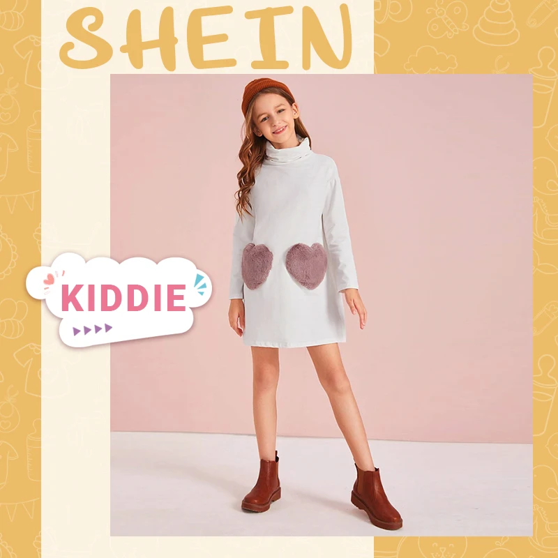 SHEIN Kiddie/милое белое платье с высоким воротником из искусственного меха и карманами в виде сердца для девочек г. Осенние прямые короткие платья с высокой талией и длинными рукавами