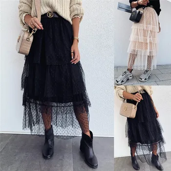 

Women Princess Lace Skirt Summer Ladies Elastic High Waist Long Mesh Tutu Tulle Pleated Skirt 2019 NEW