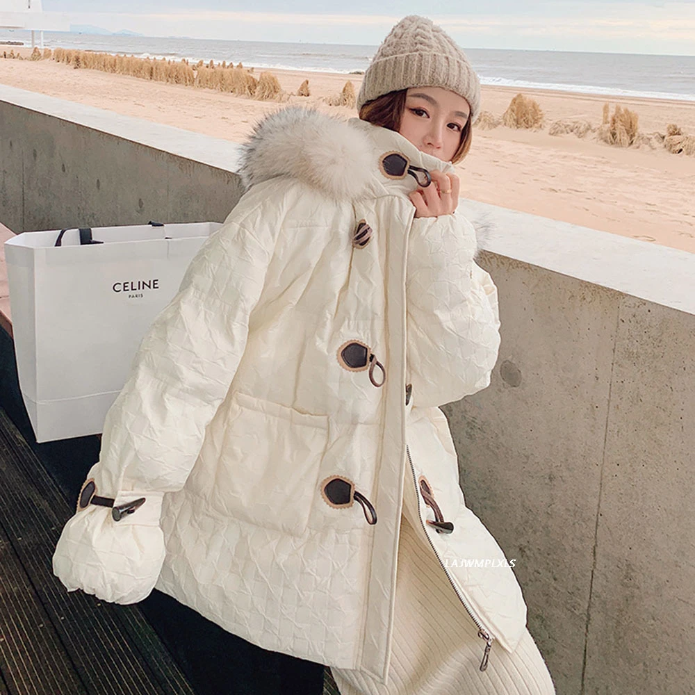 de algodón con capucha para mujer, corto de estilo coreano con cuello de pelo grande y botones de cuerno, acolchado, color blanco, invierno, 2022|Parkas| - AliExpress