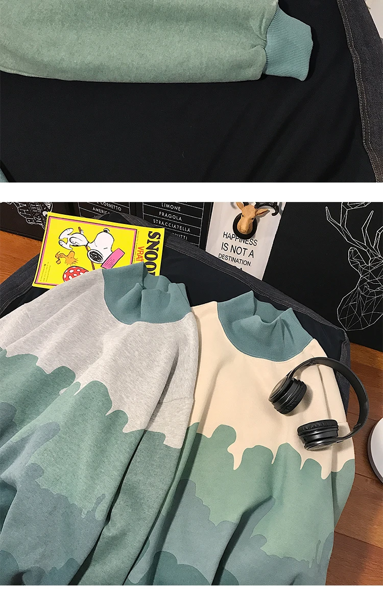 Plus Velvet Padded Hoodie Men's Fashion Printing Casual Stand Collar Sweatshirt Men Streetwear Wild Loose Hip Hop Hoodies Male