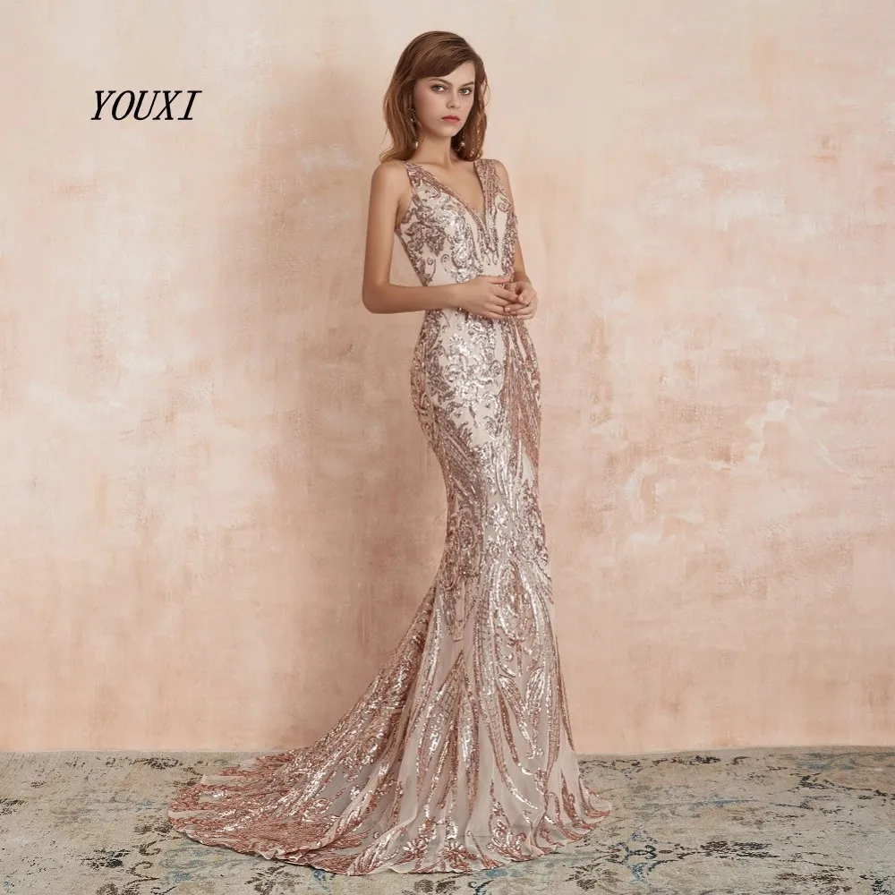 rose gold YOUXI женские платья Русалка для выпускного вечера Длинные дизайн сексуальный v-образный вырез блестящий зеленый Vestido de Formatura Longo - Цвет: rose gold