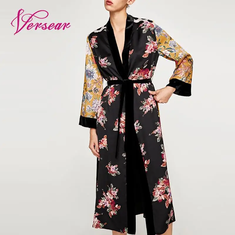 

Versear Women Fashion Splicing Printed Kimono Cardigan Blouse Coat Long Sleeve Casual Outwear With Belt Female Thin Overcoat New