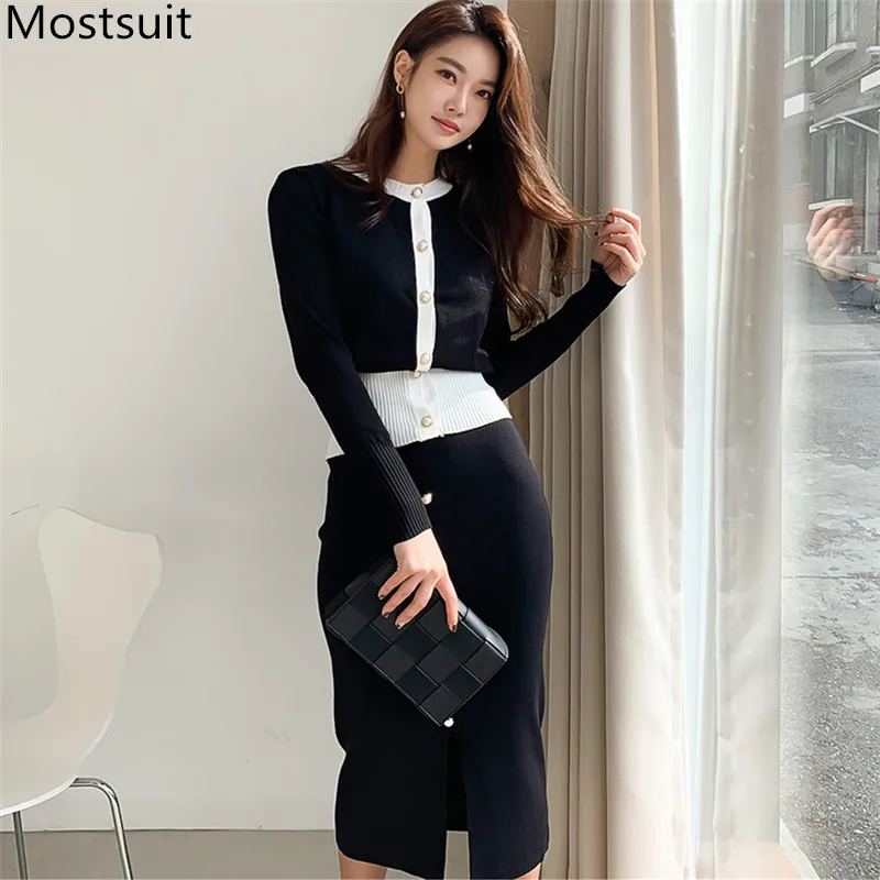 2020 весенний черный корейский офисный вязаный комплект из 2 предметов с юбкой