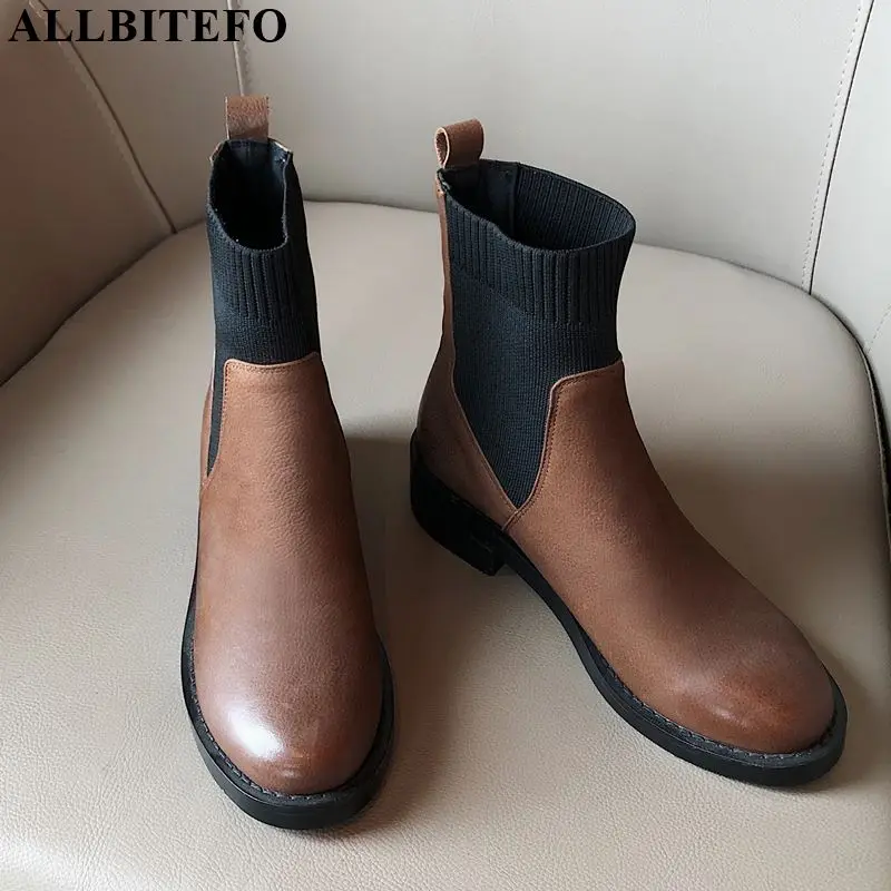 

ALLBITEFO high quality genuine leather Round toe women boots Pure color ankle boots Autumn Winter for women fashion boots