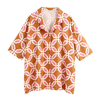 

Stylish Geometric Print Loose Blouses Vintage lapel Short Sleeve Side Split Tops Female Blusas Chic Shirts Tops