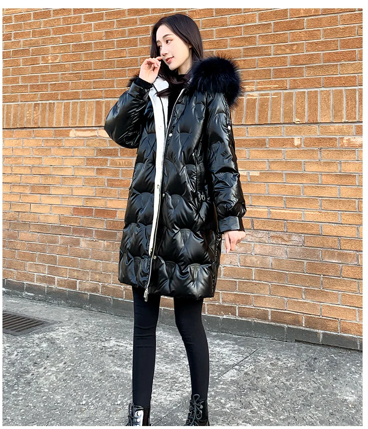 glossy black Блестящая золотистая пуховая теплая парка, пальто, зимний модный брендовый плотный теплый пуховик, женский большой меховой воротник, длинный пуховик, F857 - Цвет: glossy black