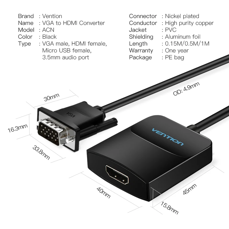 Адаптер Vention VGA HDMI 1080P папа Женский конвертер кабель с аудио USB питание для PS4/3 HDTV