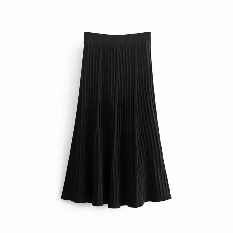 

Vintage Simple Style Womens Skirt Knitting Long A-line High Waist Ladies Knitted Pleated Skirts Black Gray Daily Wearings