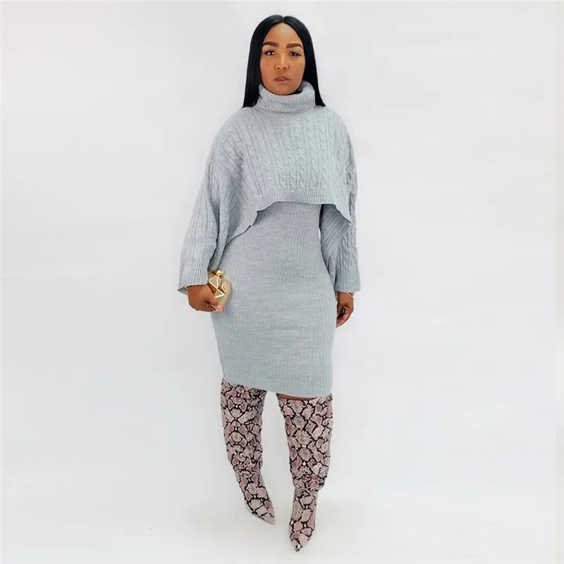 Adogirl Winter Sweater Two Piece Set Dress Turtleneck Long Sleeve Loose Crop Top Spaghetti Straps Bodycon Midi Skirt Suits