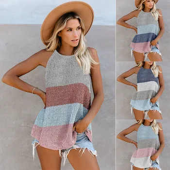

Knitted Mix-Color Women's Tops 2020 New Spring Summer Casual O-Neck Striped Hanging Neck Sleeveless Loose Beach Ladies Vests