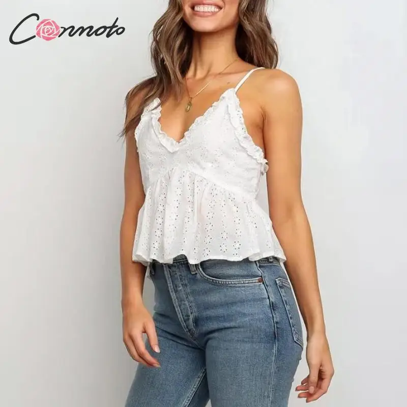 Conmoto, с оборками, Клубные, белые, сексуальные, короткие, Топики, рубашки, женские, повседневные, летние, пляжные, Топики, рубашки, глубокий v-образный вырез, женская рубашка, кроп-топ