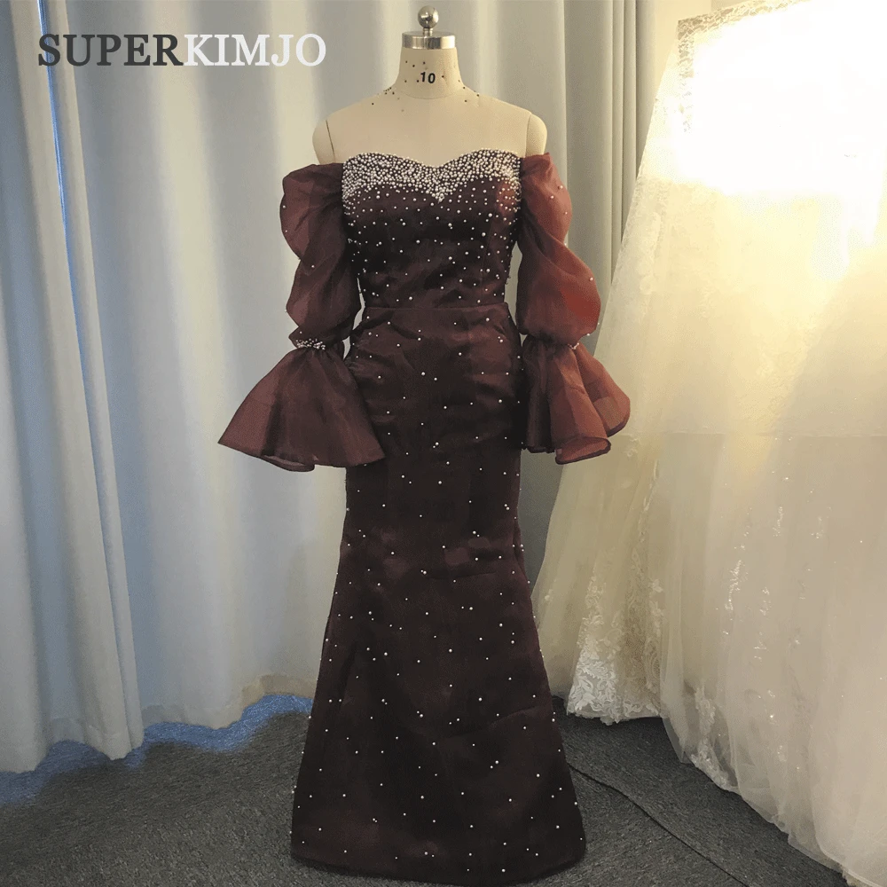 SuperKimJo Роскошные бордовые вечерние платья с длинными расклешенными рукавами, бисерные арабские вечерние платья русалки Vestidos De Festa Longo