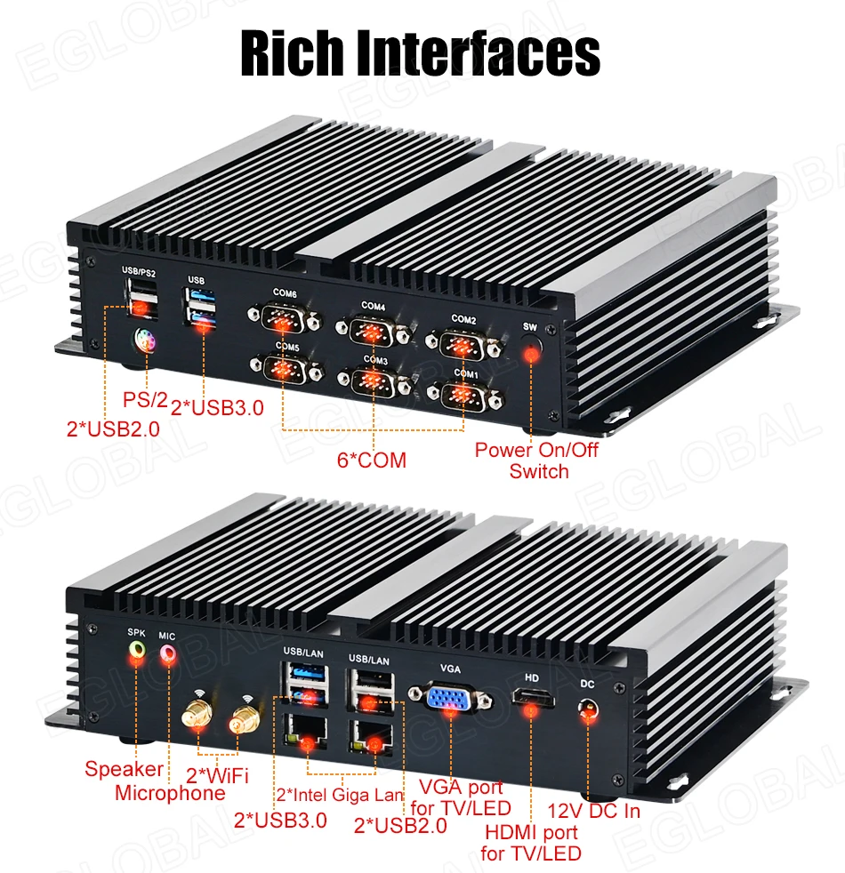 Elevate Your Operations with the Eglobal Industrial Fanless Mini PC - 6 COM, 2 LAN, Windows/Linux, Barebone System. Experience 7/24 Hours Working, 4 USB 2.0, 4 USB 3.0, and WIFI. Upgrade your industrial setup with this high-performance computing solution! Description Image.
