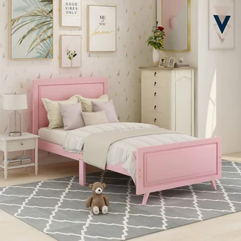 

Wood Platform Bed Twin Bed Frame Mattress Foundation with Headboard and Wood Slat Support (Pink)