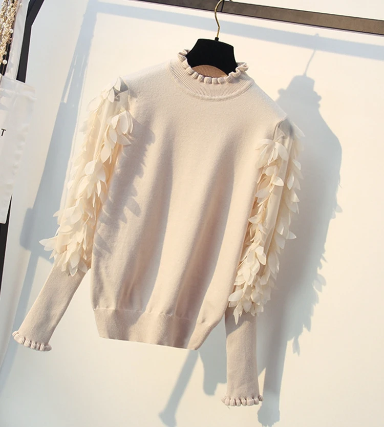 Amolapha для женщин 3D Сетки Лоскутное фонарь рукав вязаный джемпер Топы свитер однотонный Вязанный свитер
