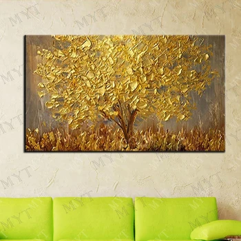 

2020 Posters And Prints Coloring By Large Hand-painted Paintinall Decoration Homg Gold Tree Palette Knife Canvas Landscape