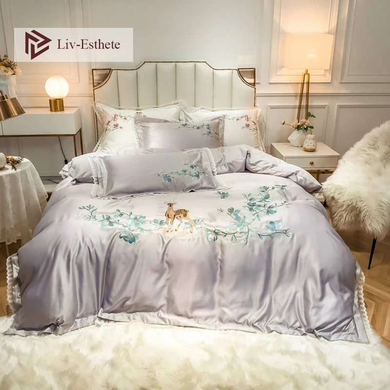 Liv-Esthete роскошный набор постельного белья с вышитыми цветами, оленем, серым, шелковистый хлопковый пододеяльник, наволочка, двуспальная