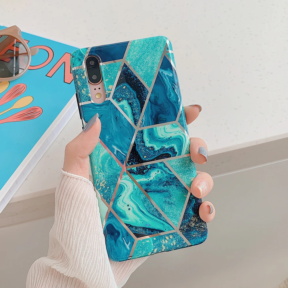 

SUYACS Plating Line Geometry Phone Case For Huawei P30 P20 Pro Lite Mate 20 Pro Lite Marble Soft IMD Full Body Phone Back Cover