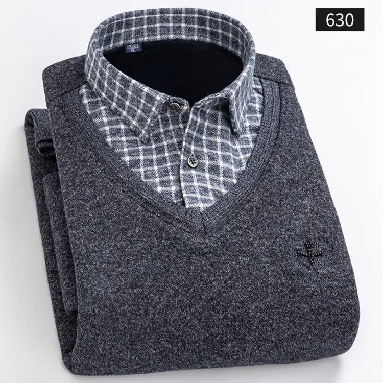 Зимняя Теплая мужская рубашка, утолщенная, деловая, повседневная, мужская рубашка с принтом, поддельные, две части, мужская рубашка, топ размера плюс, бархат YN10564
