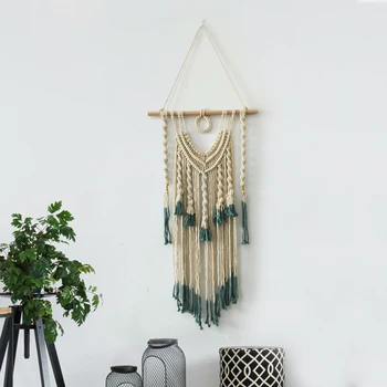 

Wall Hanging Green and Beige Woven Tapestry Boho Chic Tassels Pendant Wall Art Bedroom Living Room Backdrop Home Decorations