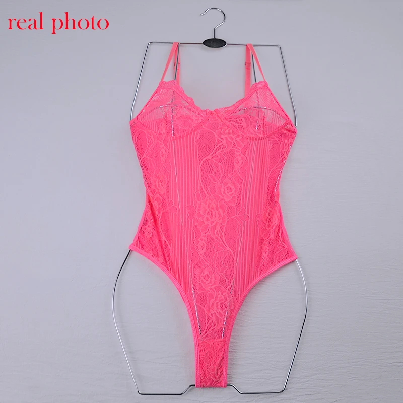 Ellolace Neon Pink Lace Mesh Bodysuit Women Sexy Transparent Summer Backless Bodycon Overalls Female New Slim Black Bodys