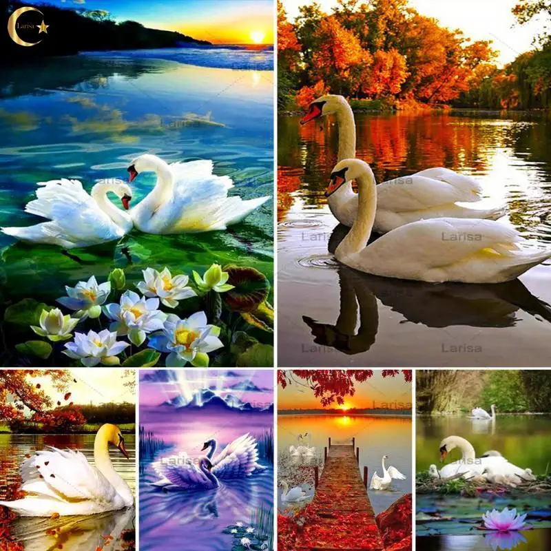 5D Diamond Painting Swan Corss Stitch Full Drill Square Embroidery Lake Landscape Mosaic Art Pictures of Rhinestones Home Decor | Дом и сад