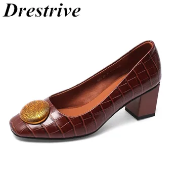 

Drestrive Women Pumps Cow Leather Crocodile Pattern Mid Heels 5.5 cm Square Toe Slip On Black Size 43 Office 2020 Spring