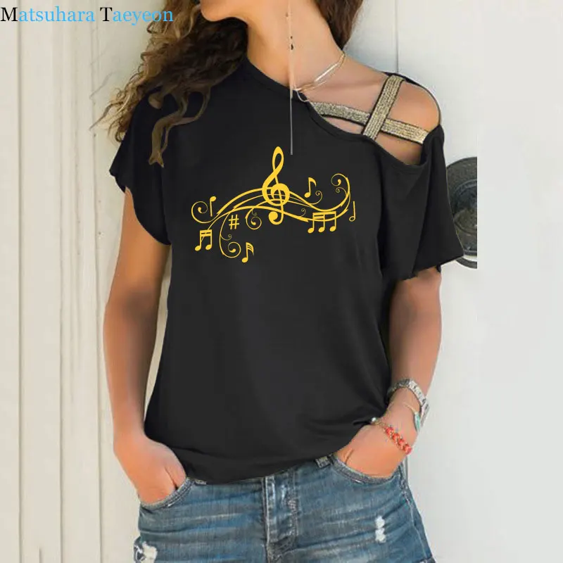 

Women Tshirt Print Music Notes Tee Women's T-shirt Summer Female Harajuku T Shirt Irregular Skew Cross Bandage Tops 2020 New