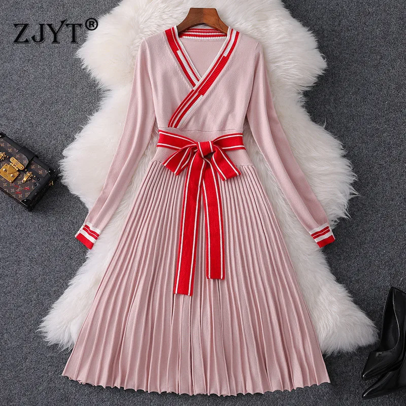 New Fashion Fall Winter Jurk Vrouw Kleding 2019 Elegante Lange Mouwen V-hals Lace Up Geplooide Breien Trui Jurk Casual New Fashion Fall Winter Jurk Vrouw Kleding 2019 Elegante Lange Mouwen V-hals Lace Up Geplooide Breien Trui Jurk Casual