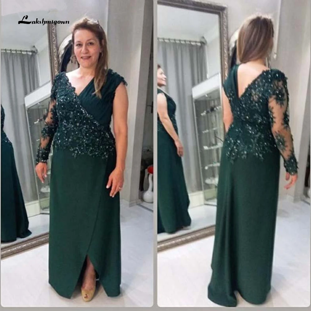 de talla grande para madre de la novia, apliques de gasa con cuentas y cuello en V, vestidos largos para madre de novio para bodas, bata de soir|Vestidos para