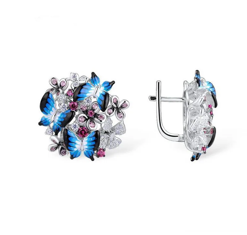 Модного серебристого цвета голубой эмаль циркон бабочка цветок набор украшений для женщин креативные вечерние Обручальные серьги кольцо ювелирные изделия