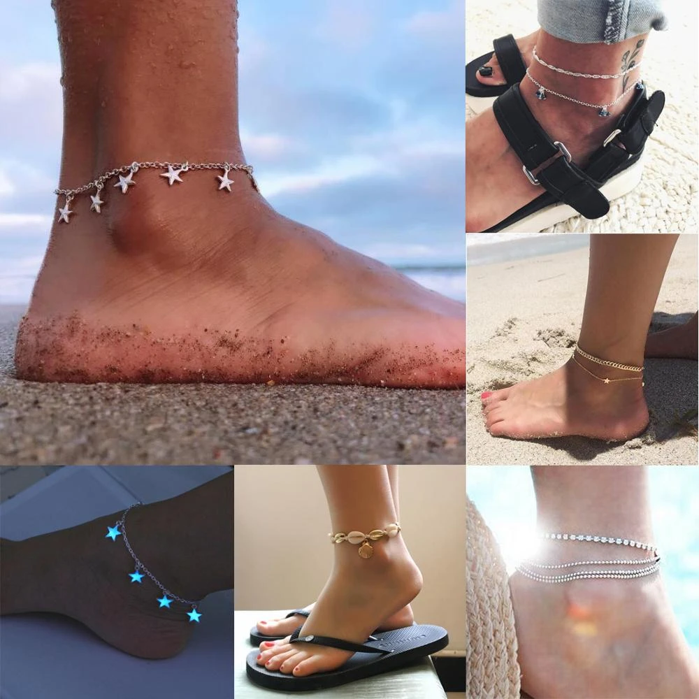 Tobillera para chica Sexy, joyería de tendencia playa, sandalias descalzas simples, cadena de verano, romántico, Concha, estrella, AliExpress