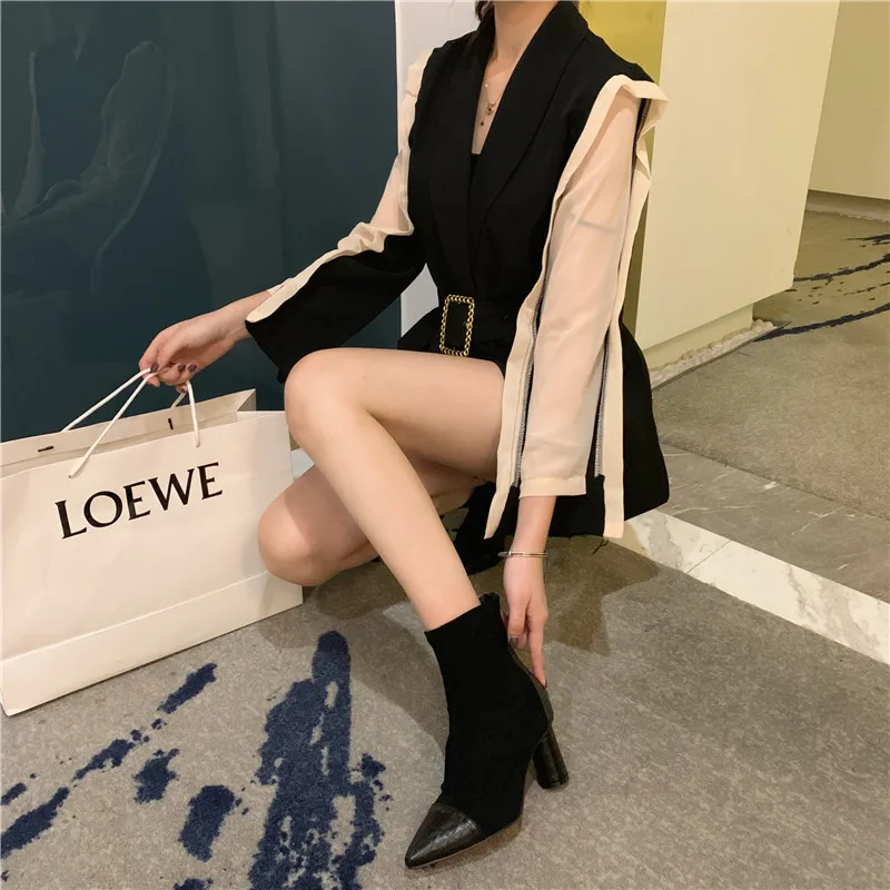 Короткие ботинки в стиле пэчворк с острым носком; bottes femme; Модные Ботинки martin на молнии сзади; botas mujer; женские ботинки «Челси» из флока на толстом каблуке в западном стиле