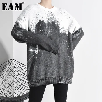 

[EAM] Gray Big Size Knitting Sweater Loose Fit Round Neck Long Sleeve Women Pullovers New Fashion Tide Spring 2020 1K51602