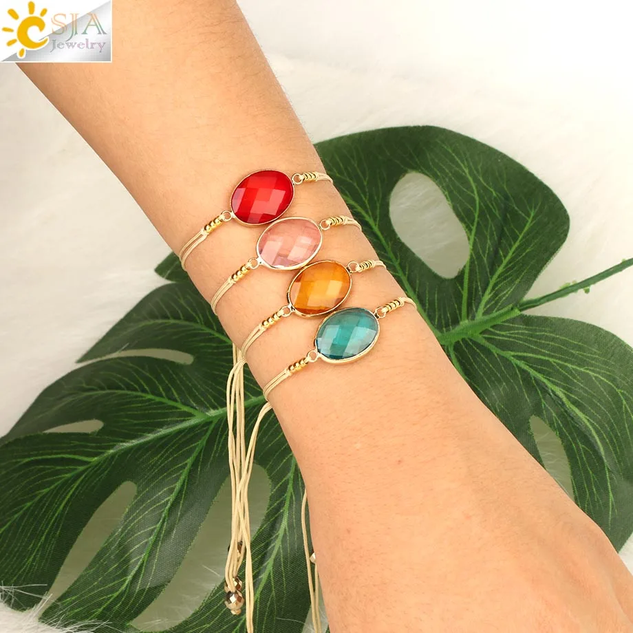 

CSJA Simple Charm Bracelets Adjustable Woven Rope Chain Pendants Bracelet Faceted Glass Crystal Bead for Femme Gift Jewelry S496